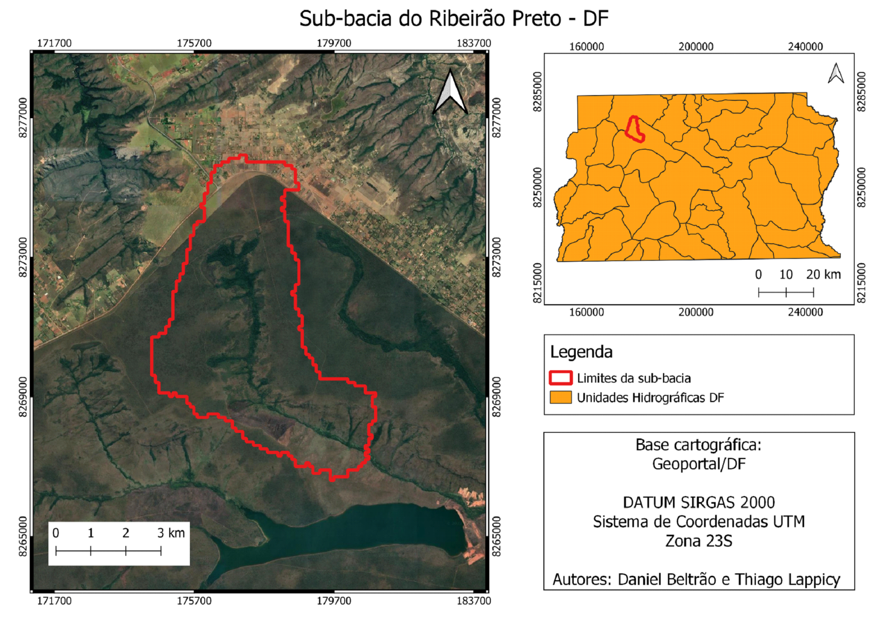 Mapa produzido no curso de QGIS aplicado à hidrologia